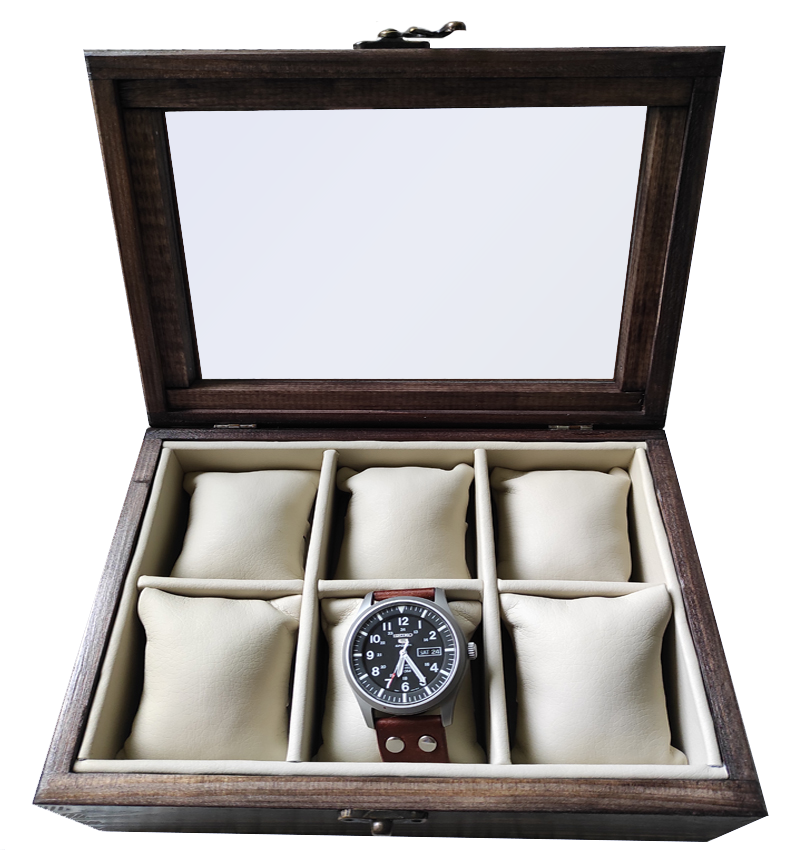 pudełko na zegarki brąz wenge beż z miejscem na 6 zegarków i szklaną szybką w wieczku
